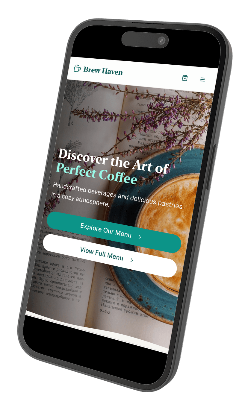 Mobile-first responsive web design example - Brew Haven coffee shop website on iPhone showing optimized mobile user experience for small businesses