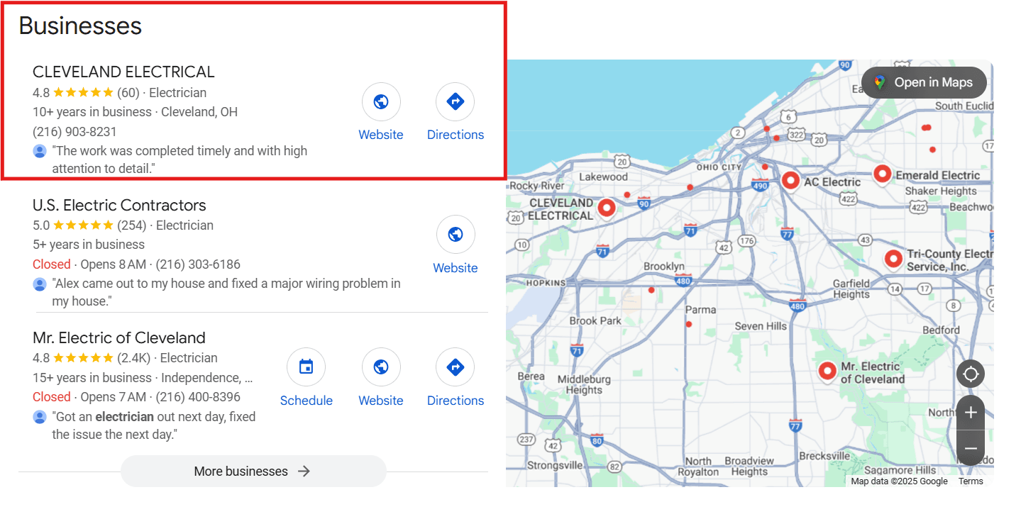 Google Maps search results showing top-ranked local electrical businesses in Cleveland