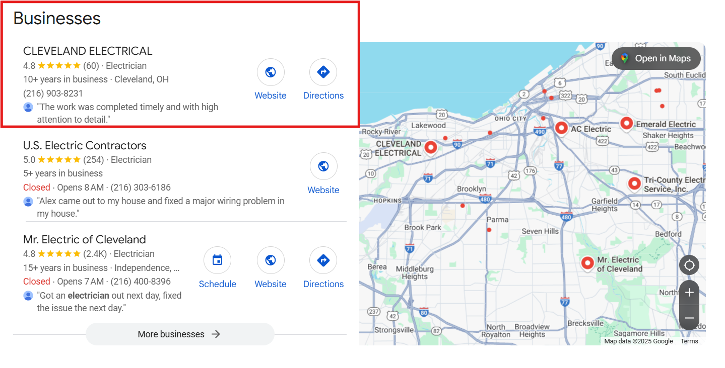 Google Maps search results showing top-ranked local electrical businesses in Cleveland